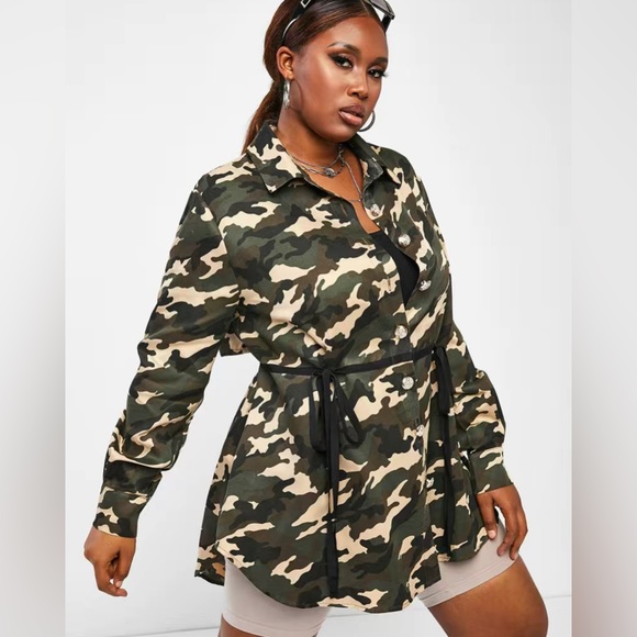 Plus Size Camo Print Button Front High Low Coat Outerwear - Picture 5 of 9